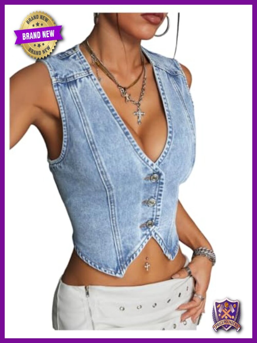 Sleeveless Button Down V Neck Asymmetrical Hem Denim Vest